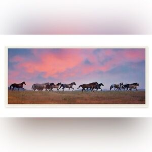 Wall art decor Wild Horses running in meadow at Pink Sunset Wall Art